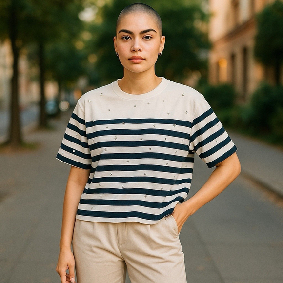 Sandro Strass Tee Shirt Sailor Stripe XS Size 0 Navy Beige NWT - Picture 1 of 10
